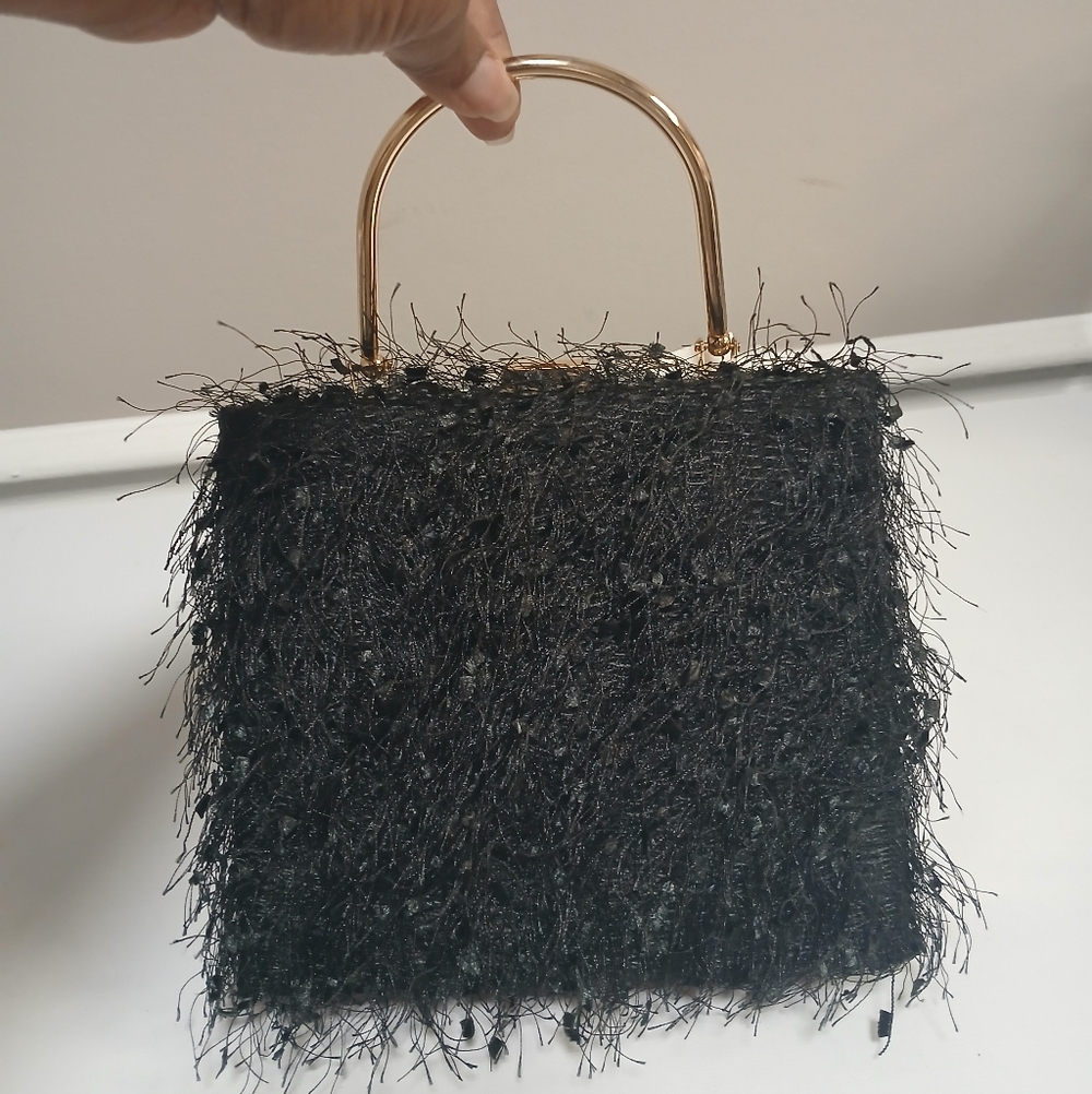 New! Chic Textured Gold Handle Mini Bag Structured Evening Clutch BLACK Or WHITE
